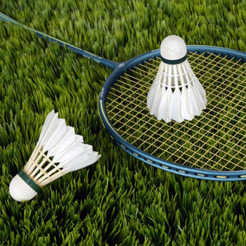 raquette de badminton et volants sur gazon